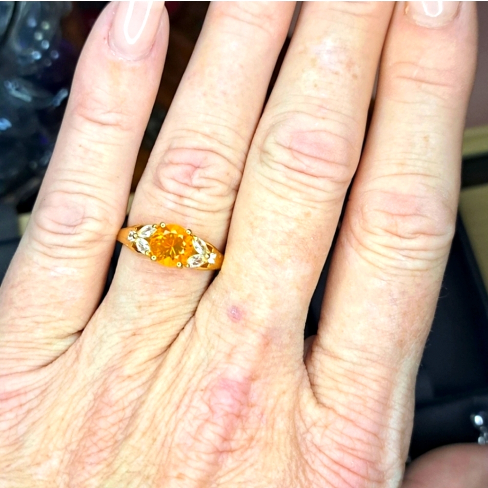 Premium Natural Brazilian Mined Fire Opal & Natural White Zircon ring in Gold